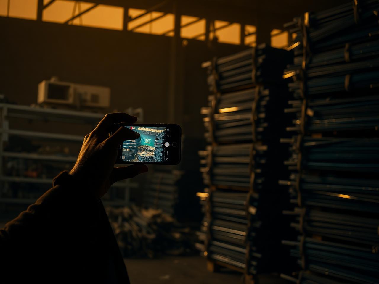 Scrap yard owner photographing steel inventory with smartphone